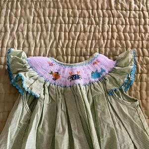 Green Blue Gingham Smocked Dress with Crab and Fish Embroidery Angel Sleeves